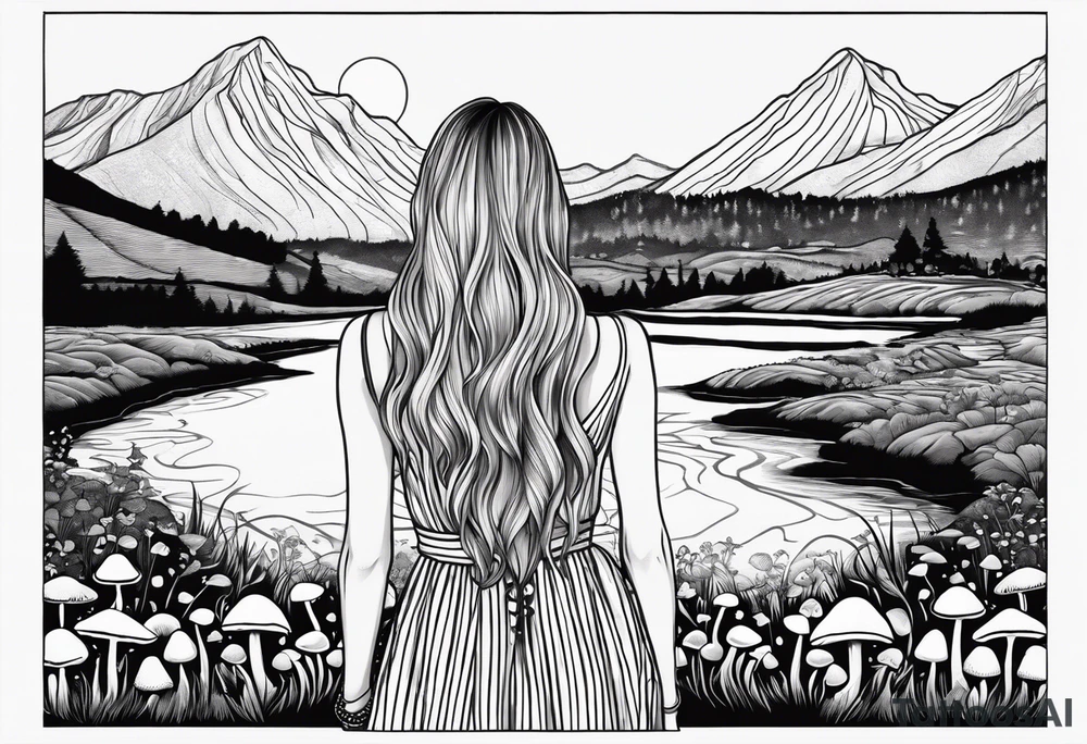 Straight long blonde hair hippie girl in distance holding mushrooms in hand facing away toward mountains and creek surrounded by mushrooms black and white striped dress tattoo idea