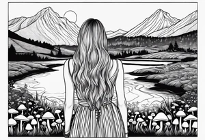 Straight long blonde hair hippie girl in distance holding mushrooms in hand facing away toward mountains and creek surrounded by mushrooms black and white striped dress tattoo idea