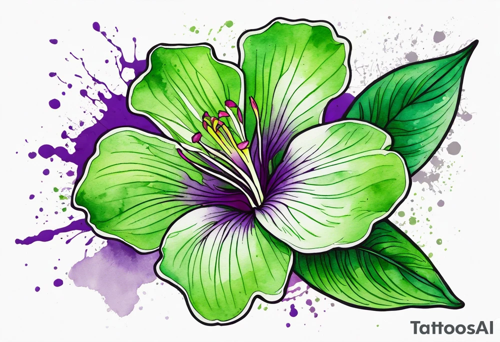 An outline of a green rio dipladenia flower and a green/purple watercolor splash in the background tattoo idea