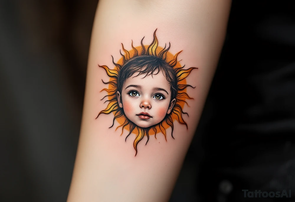 A stylized sun with the son’s toddler face subtly etched in gold and burnt orange rays. tattoo idea