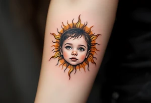 A stylized sun with the son’s toddler face subtly etched in gold and burnt orange rays. tattoo idea