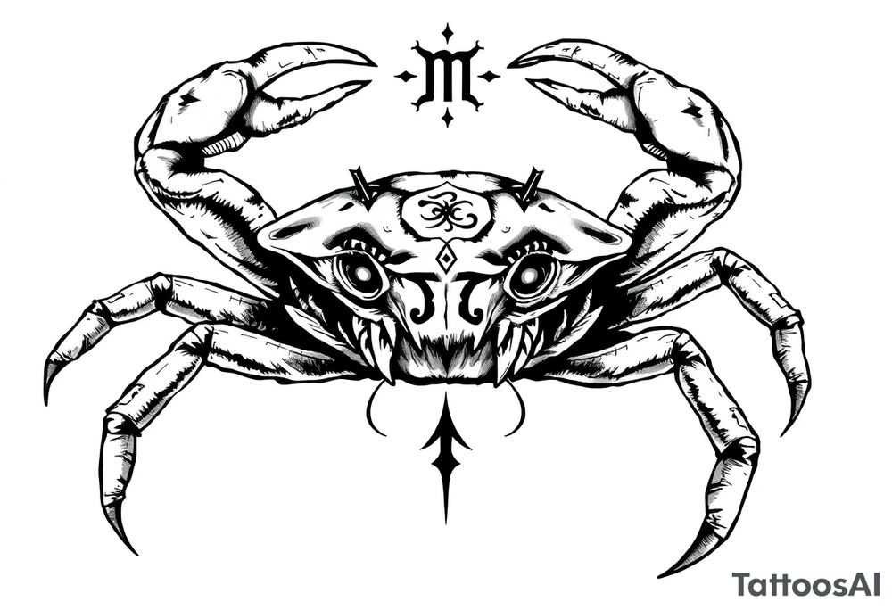 A crab with a defensive pose with an unnatural face its claws scary with a zodiac symbol prominent and has extra long legs and big etes tattoo idea