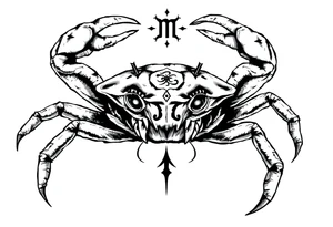 A crab with a defensive pose with an unnatural face its claws scary with a zodiac symbol prominent and has extra long legs and big etes tattoo idea