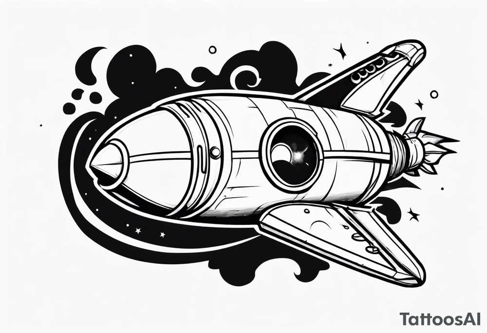 Super simple cartoon rocket ship with a round window, 3 fins, and fire coming out the bottom

Add some shading and detail to make less basic tattoo idea