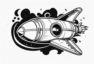 Super simple cartoon rocket ship with a round window, 3 fins, and fire coming out the bottom

Add some shading and detail to make less basic tattoo idea