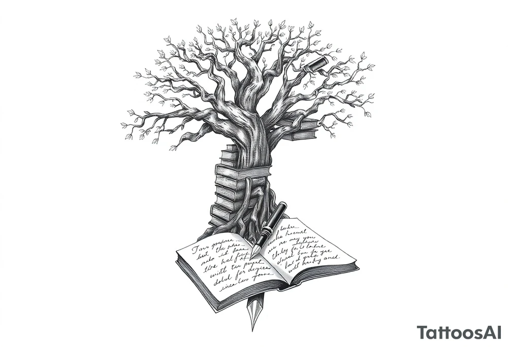 Majestic tree of knowledge with books connected as roots stacked up and an open journal with beautiful cursive writing at the base with a fountain pen for the left arm sleeve tattoo idea