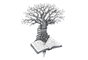 Majestic tree of knowledge with books connected as roots stacked up and an open journal with beautiful cursive writing at the base with a fountain pen for the left arm sleeve tattoo idea