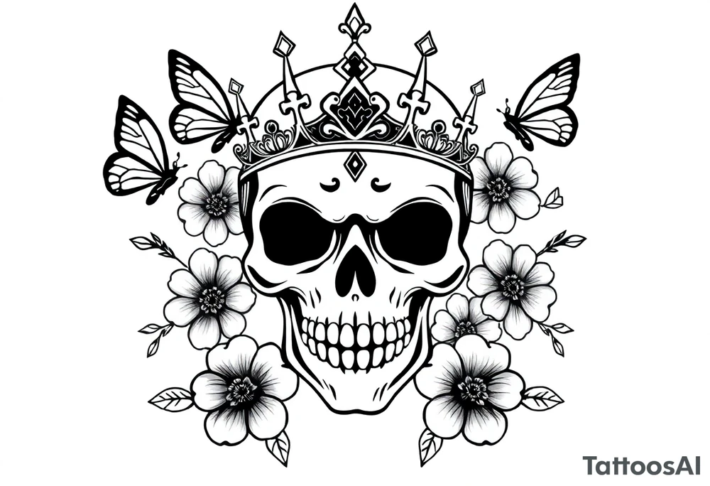 ornate skull adorned with gothic crown surrounded by boho flowers and butterflies tattoo idea