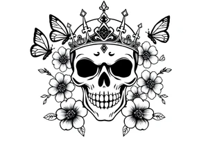 ornate skull adorned with gothic crown surrounded by boho flowers and butterflies tattoo idea