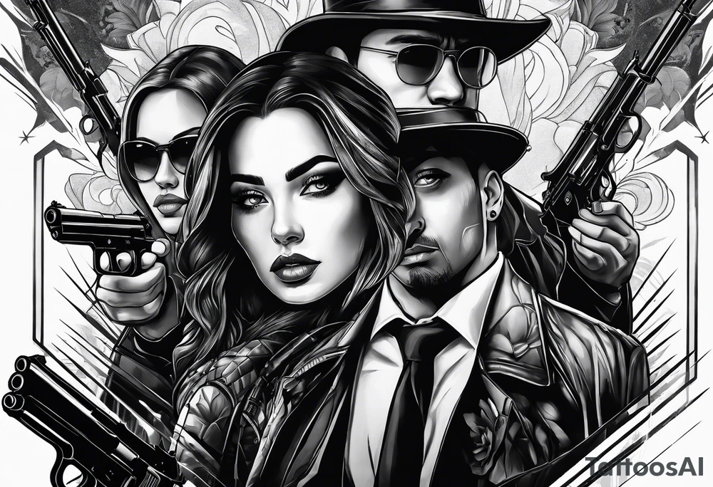 In the reflection of a eye two black siloets of people holding guns one man dead on the ground with a wounded woman standing behind him tattoo idea
