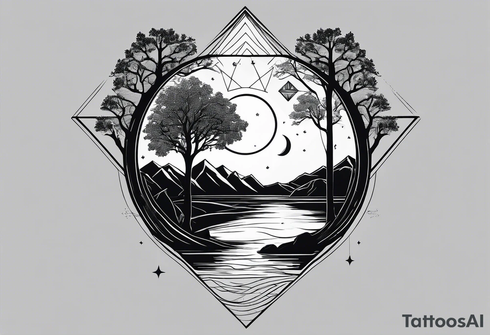 Oak tree by a flowing river with mountains and the sun and crescent moon in the background all inside of a geometric triangle. Some of the image will utilize negative space tattoo idea