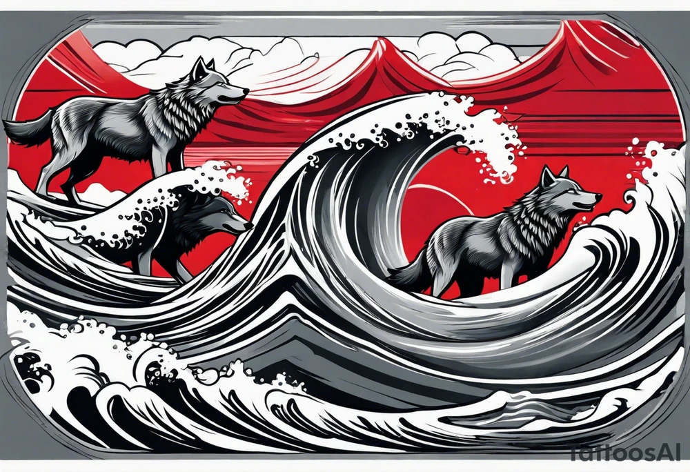 a pack of howling muscular  gray wolves surfing waves with a linear background with red, white and black and gray tattoo idea
