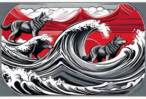 a pack of howling muscular  gray wolves surfing waves with a linear background with red, white and black and gray tattoo idea