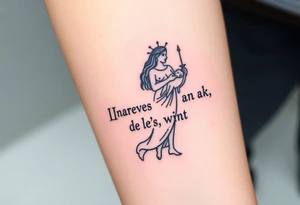 Greek black goddess Hera holding a baby in her right an a ak in the left tattoo idea