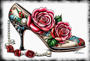 Pearl necklace wrapped around 1950s pinup pumps with roses surrounding tattoo idea