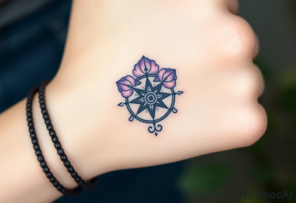 A single Violet with detailed compass at its center representing feminine power including an ankh and Celtic knot tattoo idea