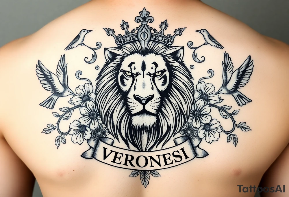 powerful majestic lion with a crown, surrounded by floral ornaments and birds add a name "VERONESI" tattoo idea