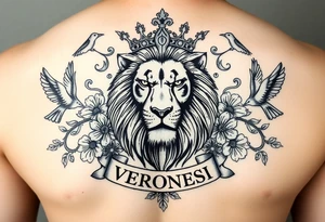 powerful majestic lion with a crown, surrounded by floral ornaments and birds add a name "VERONESI" tattoo idea