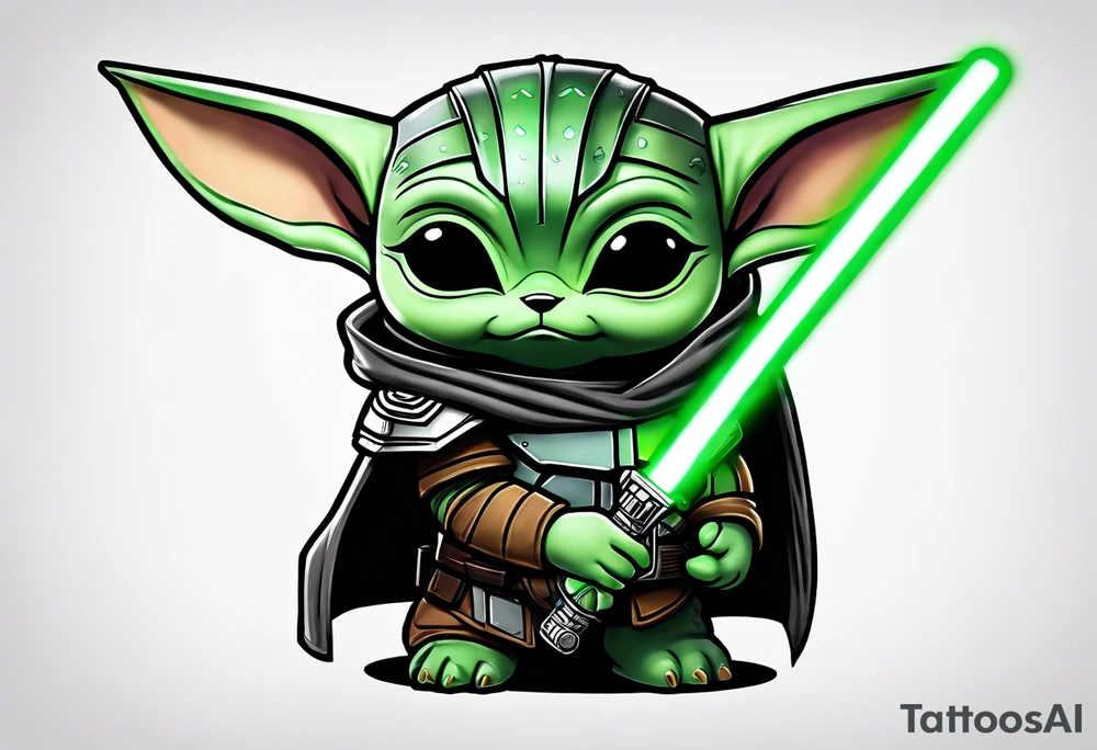 Baby grogu wearing black mandalorian armor,  and  wielding a green lightsaber tattoo idea