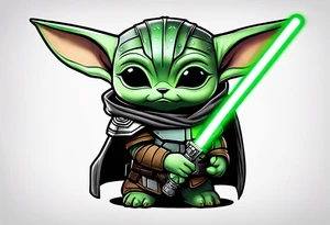 Baby grogu wearing black mandalorian armor,  and  wielding a green lightsaber tattoo idea