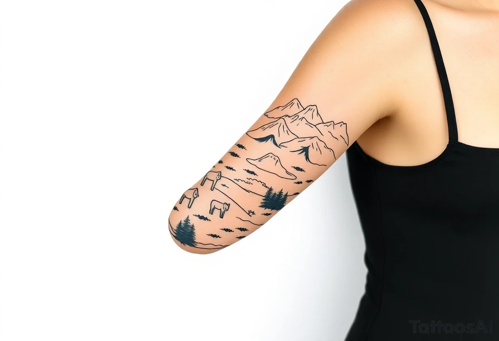 Härjedalens landskap med björnar, renar, sjöar, vattendrag och fjäll, skoterled tattoo idea