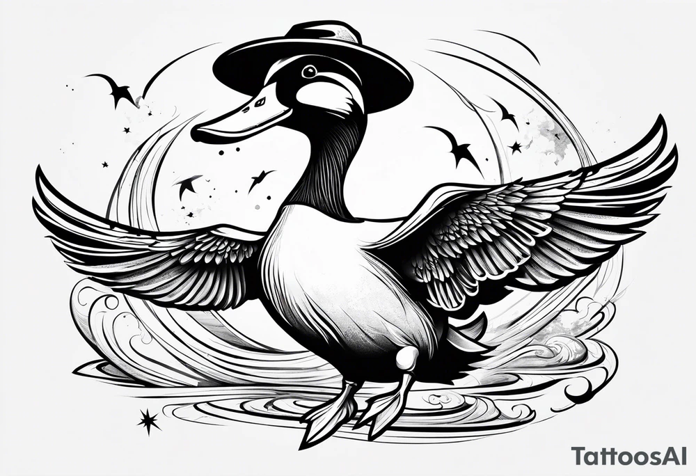 Dabbling Duck dressed like a wizard casting a spell with his wand tattoo idea