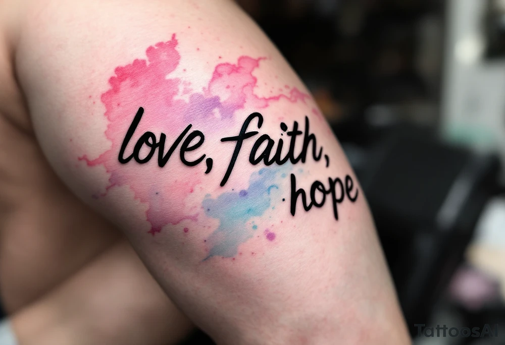 Black ink "love, faith,hope" with a watercolor background blending soft pink, lavender, and sky blue. tattoo idea