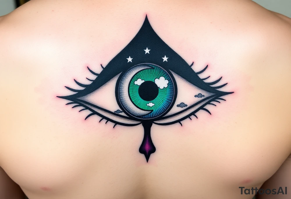 Large outline of an eye almond shaped with a spade for the eyeball + eyecolor greenish blue with a crescent moon stars and clouds inside of the spade eyeball using vivid colora like green purple and blue tattoo idea