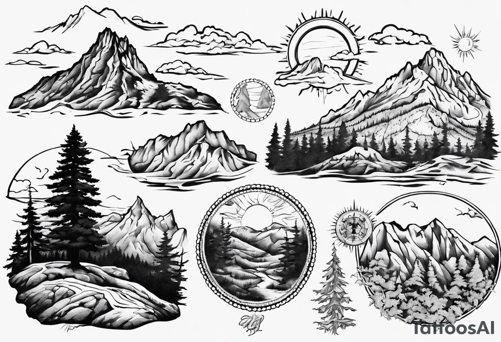 Outline of the state of New Hampshire with the old man on the mountain in it as well as mountains, trees, and the sun tattoo idea