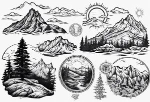 Outline of the state of New Hampshire with the old man on the mountain in it as well as mountains, trees, and the sun tattoo idea