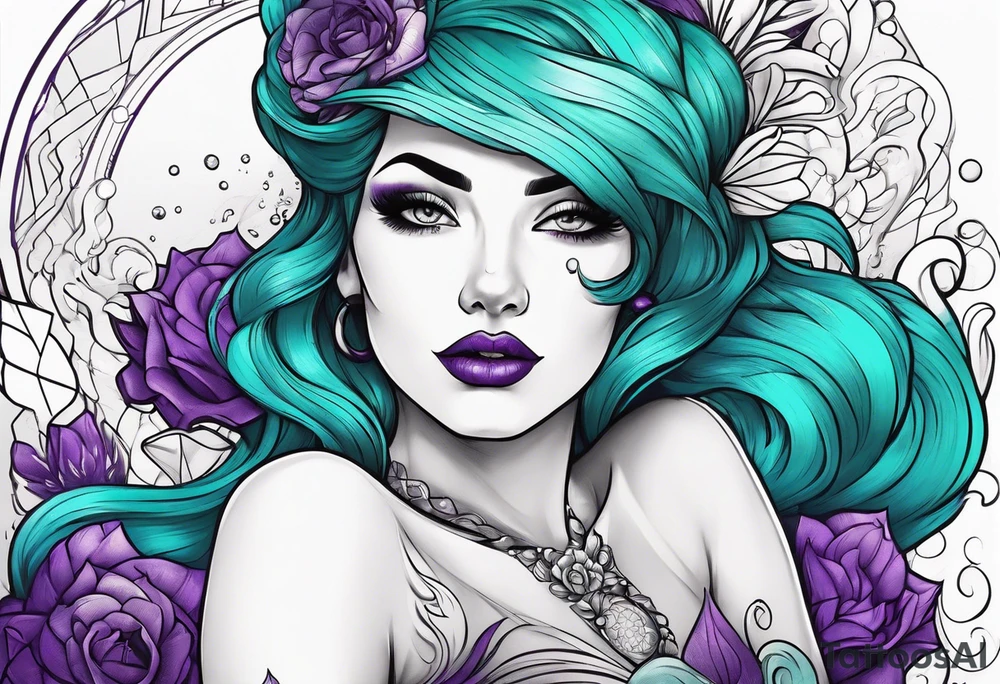 Pinup woman with purple and teal cooled hair underwater tattoo idea