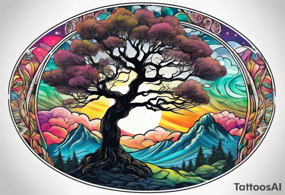 oval shape trees mountain tattoo idea
