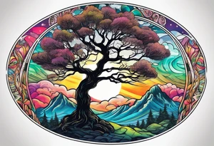 oval shape trees mountain tattoo idea