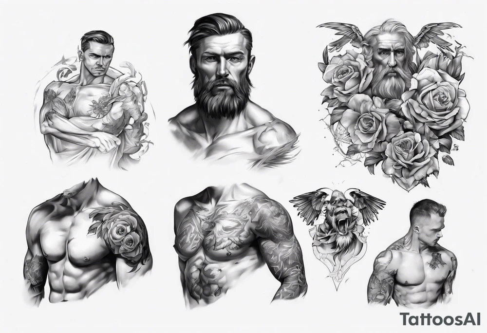 a chest tattoo starting at the left pec going onto the shoulder and bicep. tattoo idea