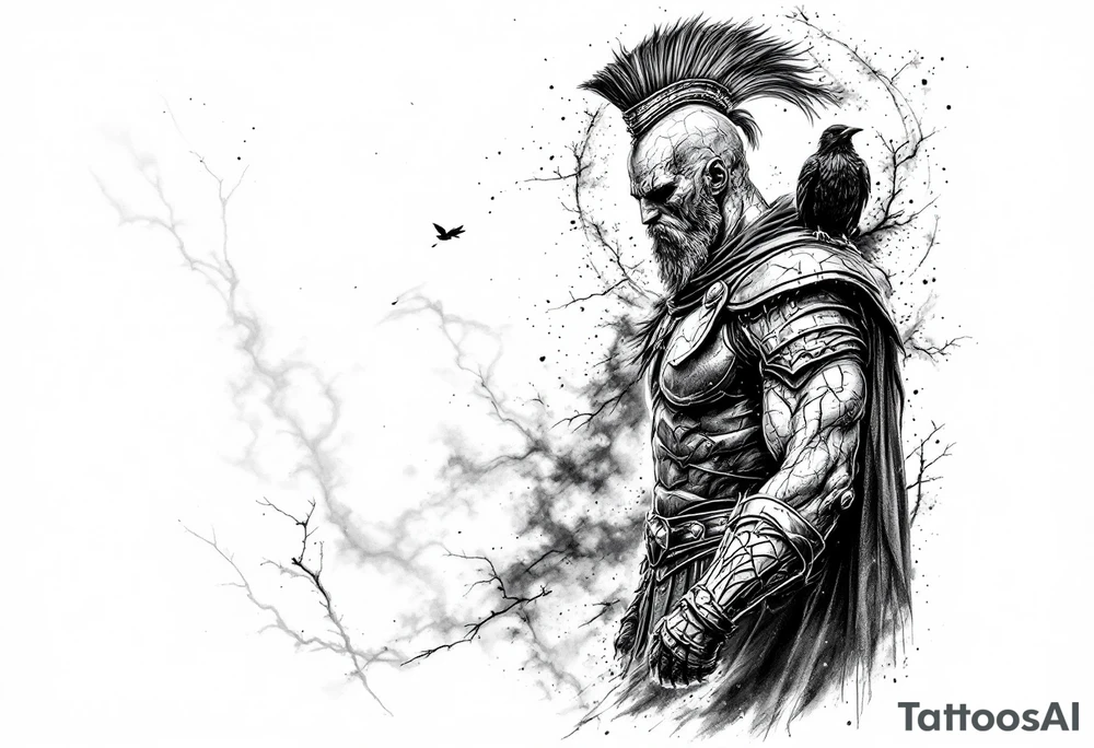 A black and grey tattoo sleeve design symbolizing silent battles and resilience. A worn gladiator with cracks in his armor stands tall, battle-weary but unbroken. Behind him, a shadowy figure represents the unseen struggles, partially obscured in mist. A single raven sits on his shoulder, symbolizing past darkness, while a faint dove soars above, representing faith and favor. Subtle tally marks blend into the background, representing victories no one sees. The design flows naturally with a balance of dark and light elements, blending realism with a slightly surreal feel. tattoo idea