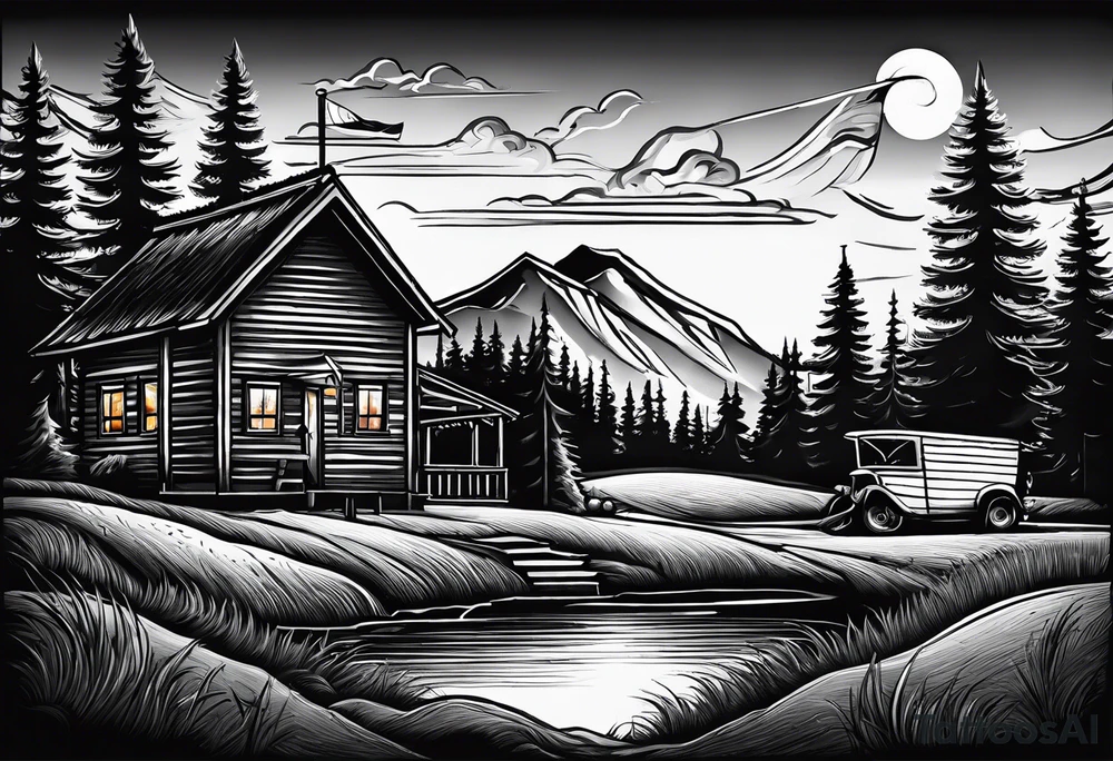 cross with whiskey glass, golf club, camp fire and cabin in the quandrants tattoo idea