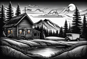 cross with whiskey glass, golf club, camp fire and cabin in the quandrants tattoo idea