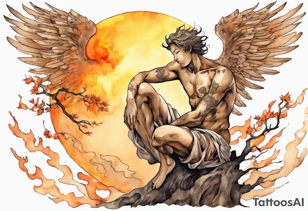 a bronze skinned male angel in front of a blazing sun looking down upon a tree tattoo idea
