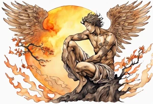a bronze skinned male angel in front of a blazing sun looking down upon a tree tattoo idea