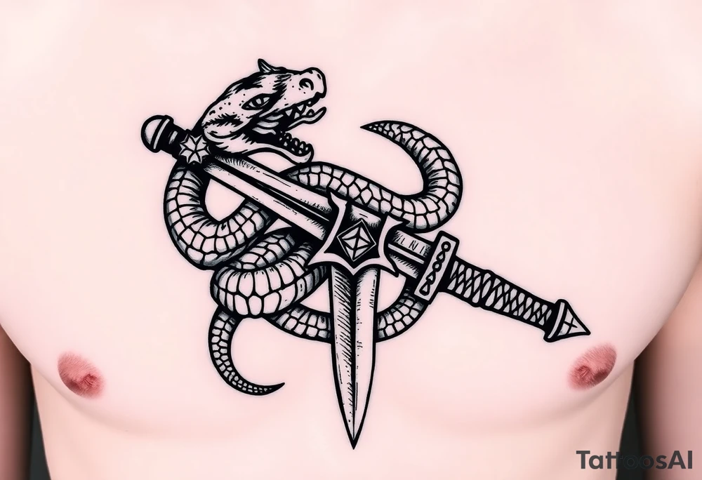 mystical snake coiled around an ancient dagger with jeweled hilt tattoo idea