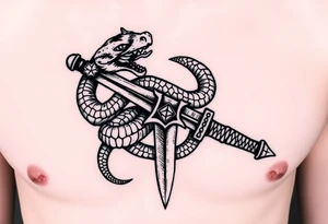 mystical snake coiled around an ancient dagger with jeweled hilt tattoo idea