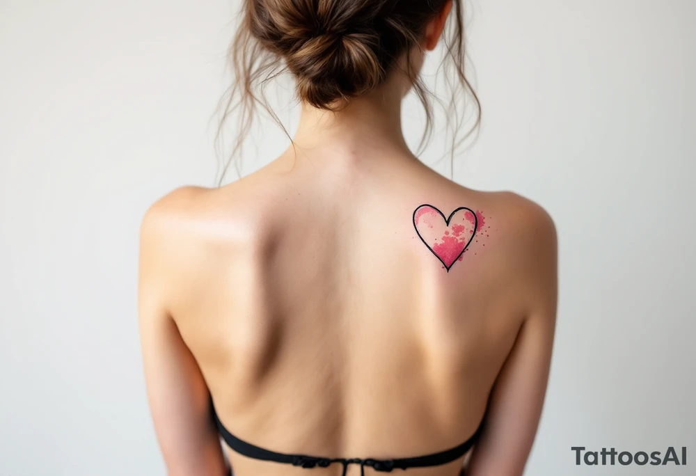Heart outlines in black ink filled with soft pink watercolor splashes on opposite shoulders. tattoo idea