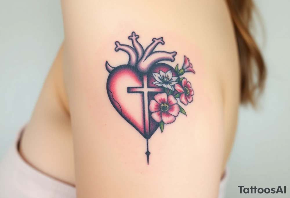 tattoo with heart
: one side representing death and the other life. (from death to life) with a simple cross down the middle. The life side I'd like the following flowers growing out of it: Morning Glory, Lily of the Valley, Daffodil, Rose, Poppy, and Iris tattoo idea