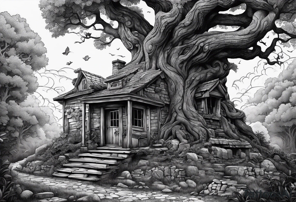 the tree of life growing out of a broken house with the devine child at its doorsteps tattoo idea