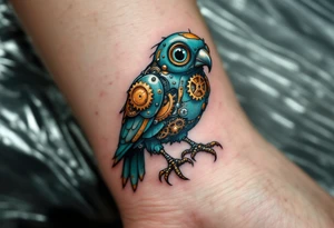 Tim Burton’s mechanical bird is rusted in bronze and deep teal, its gears exposed and eyes hollow with sorrow. tattoo idea