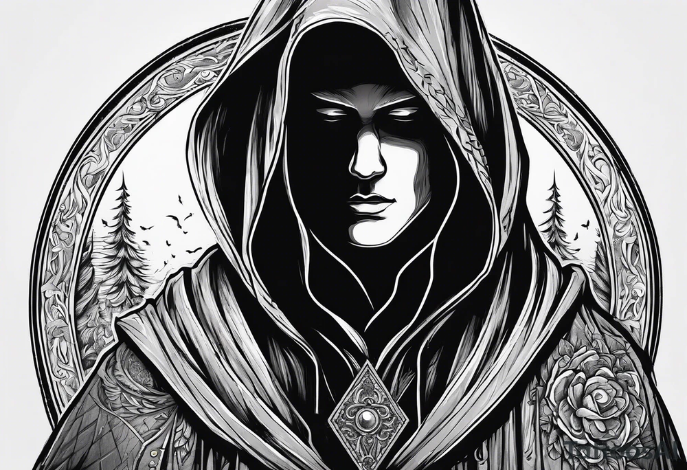 Hooded figure with no face carrying wooden staff with gem on top and wearing a long tattered cloak tattoo idea
