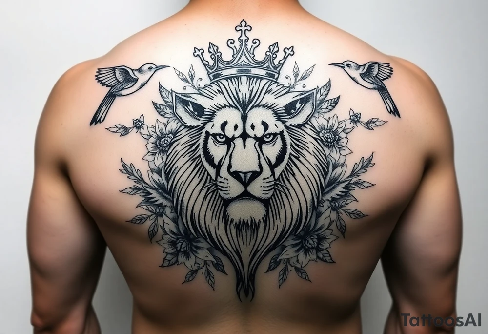 powerful majestic lion with a crown, surrounded by floral ornaments and birds tattoo idea
