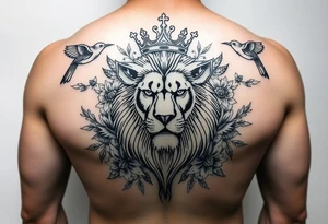 powerful majestic lion with a crown, surrounded by floral ornaments and birds tattoo idea