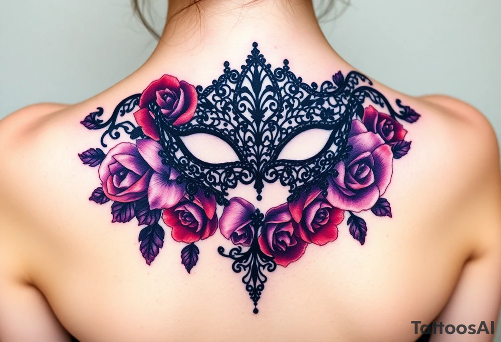 A gothic-style black lace mask, adorned with dark red roses and deep purple shading tattoo idea