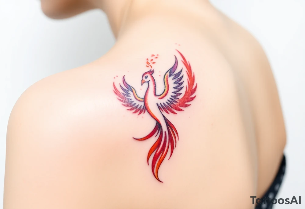 Square, phoenix rising from fire with both wings opened, colors red, pink, orange and purple. tattoo idea